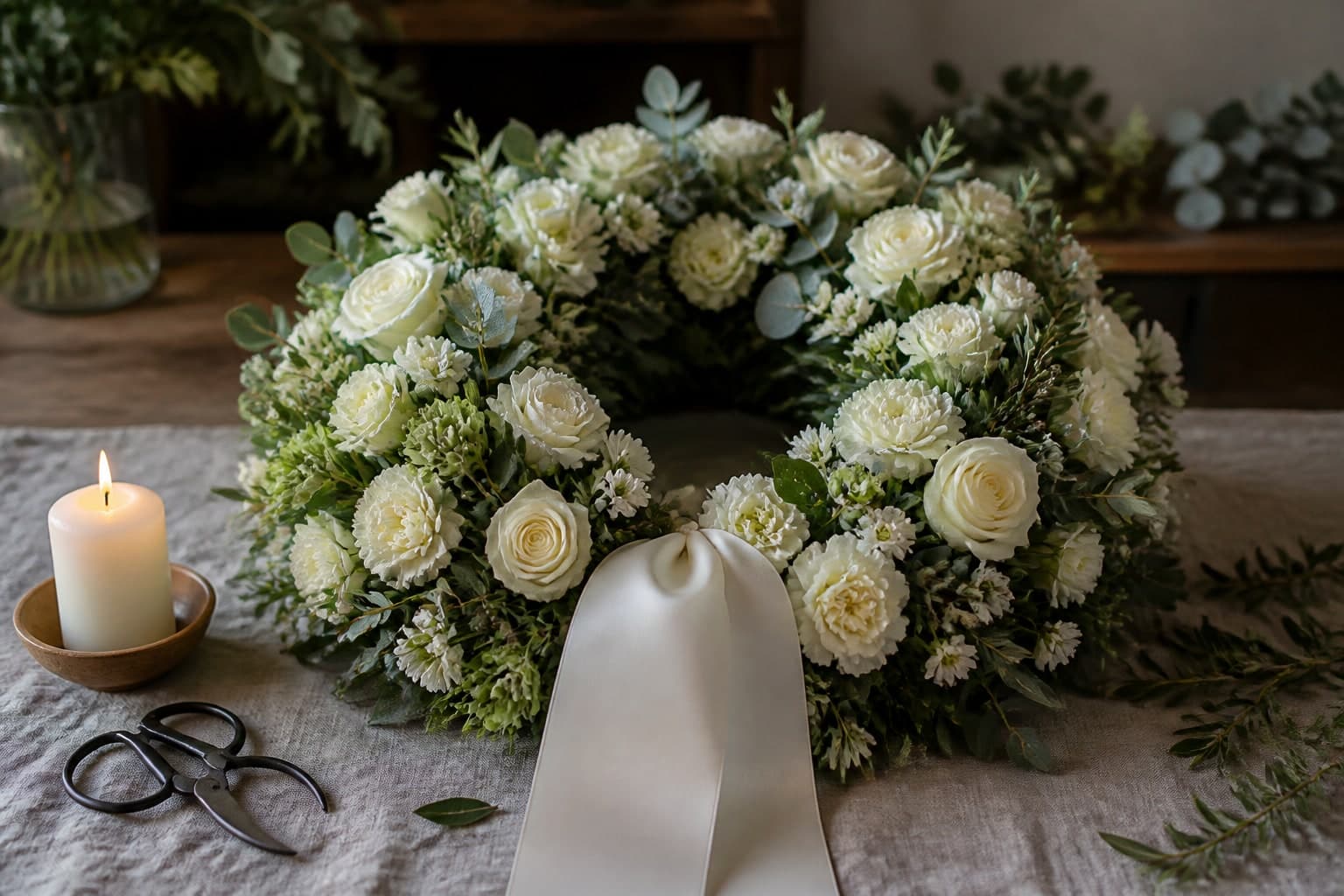 Blumenschmuck und Kränze für die Trauerfeier