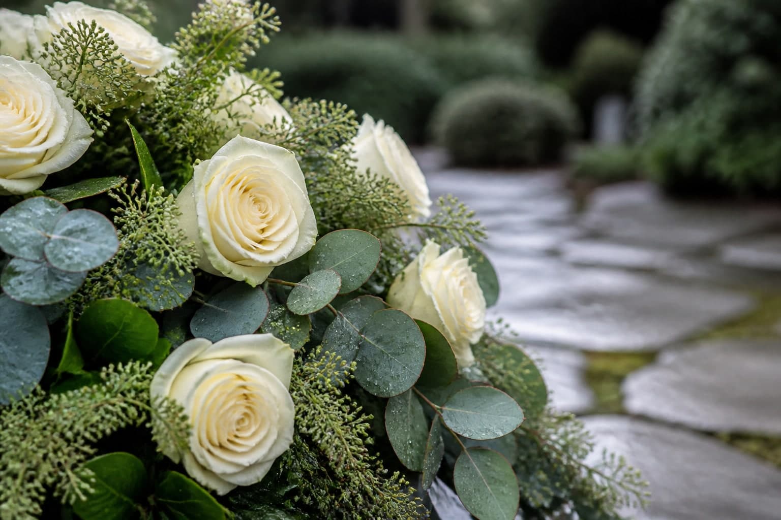 Weiße Rosen mit Eukalyptus und Regentropfen