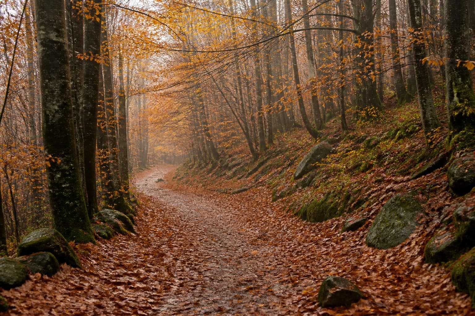 Herbstlicher Waldweg mit buntem Laub zwischen hohen Bäumen